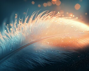 Poster - A single white feather with dew drops illuminated by warm light.