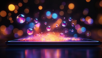 Canvas Print - A smartphone with glowing spheres emanating from the screen.