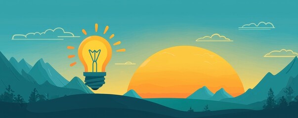 Lightbulb glowing like the sun over mountains symbolizing innovation and renewable energy