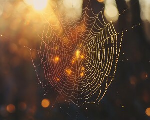 A spider web covered in morning dew with a glowing sunrise in the background.