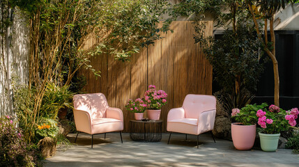 Wall Mural - A simple outdoor seating area with pastel pink chairs and a wooden wallpaper backdrop