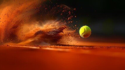 A dynamic image showing a tennis ball in motion across a red clay court, with a dramatic explosion of dust, capturing energy, movement, and sports excitement.