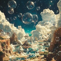 Canvas Print - A surreal landscape with large soap bubbles floating above a beach and rocky cliffs.