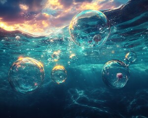 Wall Mural - A surreal underwater scene with large bubbles rising to the surface at sunset.