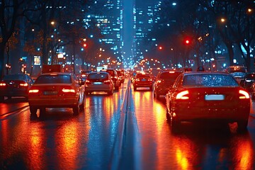 Urban traffic on a city street at evening rush hour, featuring car headlights and busy night transport depicted with motion blur and abstract long exposure photography.