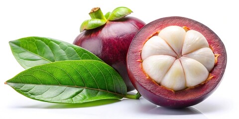 Wall Mural - Tropical mangosteen fruit with leaves isolated on white background, with clipping path low angle view