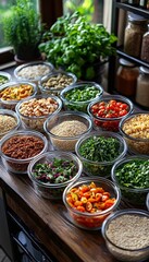 Canvas Print - A variety of fresh ingredients in glass bowls on a wooden countertop.