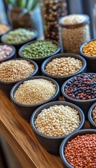 Poster - A variety of grains and legumes in bowls on a wooden table.