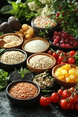 Canvas Print - A variety of grains, legumes, and fruits in bowls on a dark surface, including quinoa, rice, oats, lentils, tomatoes, and berries.