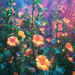 Wall Mural - A vibrant and ethereal field of blooming flowers bathed in soft, colorful light.