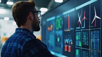 A man analyzes digital data on a large screen, showcasing graphs, charts, and wind turbine graphics in a modern workspace.