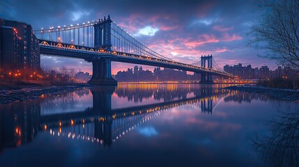 A digital wallpaper of the Manhattan Bridge in New York at dusk with USA lighting.