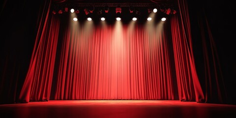 Red stage curtains with a spotlight and spotlights on the black background.