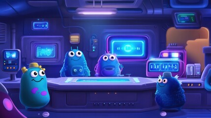 Poster - Cartoonish space creatures in a futuristic lab with holographic screens and gadgets, perfect for sci-fi themed designs