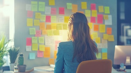 Poster - Collaborative office with a vibrant Kanban wall, colorful sticky notes displaying project milestones and tasks, symbolizing agile team productivity