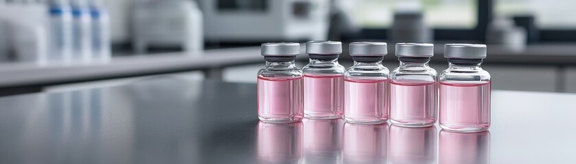 Five glass vials containing pink liquid on a clean laboratory surface.