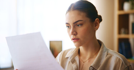 Poster - Planning, reading and woman with documents in house for finance budget, contract and bank statement. Personal loan, review and female person with paperwork at home for debt, invoice and account info