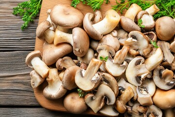 Wall Mural - Fresh mushrooms on a wooden cutting board.