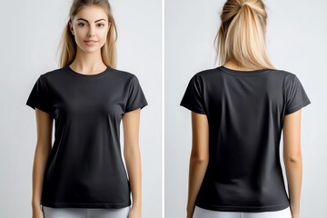 Wall Mural - Woman wearing a black t-shirt, front and back view, white isolated background.