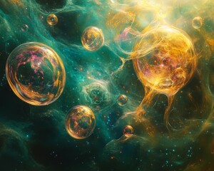 Canvas Print - Abstract background of colorful bubbles and glowing particles in a swirling nebula.