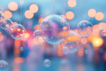 Wall Mural - Abstract background of hanging glass orbs reflecting colorful lights.