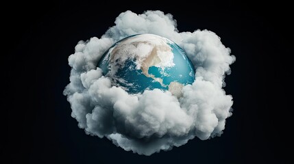 Earth surrounded by clouds on a dark background, symbolizing nature and climate.