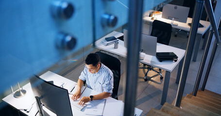 Poster - Typing, online and computer with business man in office for profit margin report, client review and advisory. Research project, proposal and night with person and notebook for portfolio from above