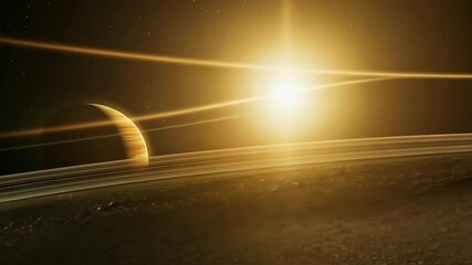 Wall Mural - A bright sun shines over Saturn's rings, illuminating the planet's surface with golden light