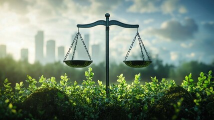a concept of climate justice with scales balancing nature and industry.