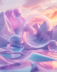 Sticker - Abstract landscape with pastel pink and purple mountains and transparent bubbles reflecting the scenery.