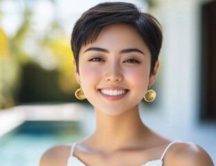 Standing beside a clear blue pool, a serene young Asian woman’s simple white top and gentle smile capture the essence of elegance and tranquility in a luxurious setting.