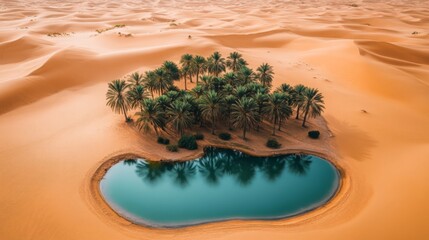 Poster - Aerial View of a Oasis with Palm Trees and a Pool in the Sahara Desert