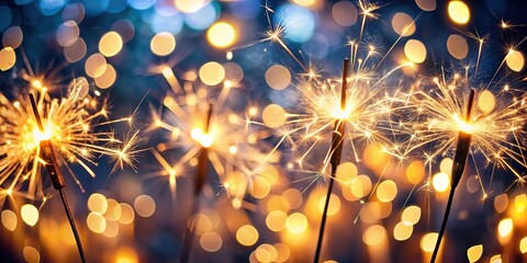 sparklers glowing in dark with bokeh lights background reflected