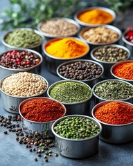 Canvas Print - Assortment of various spices in metal bowls on dark background.