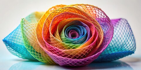 Silhouette of rolled flower wrapped in colored net with visible fibers in grid shape