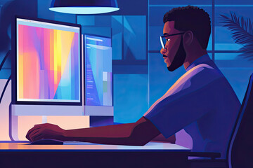 Poster - Man Working at a Computer in a Blue Room with a Plant