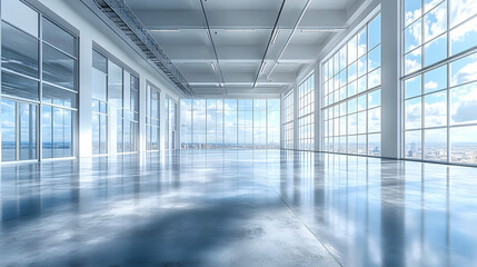  Modern Office Interior with Large Windows and City View 3D Illustration