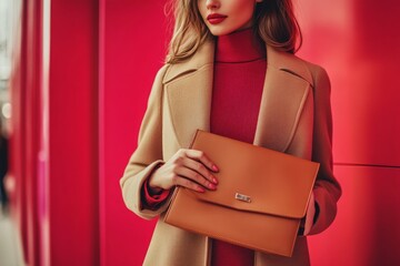 Stylish woman in a sleek outfit holding a designer clutch in a contemporary store, solid color backdrop, highlighting luxury and fashion 