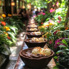 Wall Mural - Chocolate bowls filled with ice cream and nuts,  arranged in a row on a wooden surface, surrounded by lush greenery in the background.