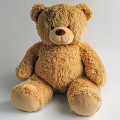 A plush brown teddy bear sits on a white background.