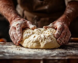 Poster - Close-up of a baker's hands kneading dough on a wooden surface.