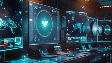 Poster - a futuristic control room with multiple monitors displaying data, maps, and ai-generated visualizati