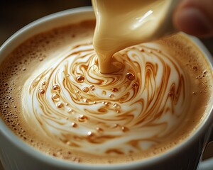 Sticker - Close-up of a barista pouring milk into a cup of coffee, creating a swirl of latte art.