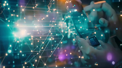 Poster - A person uses a smartphone to make a digital payment, with a futuristic, abstract background of glowing lines and nodes, Imagining a cashless society powered by fintech