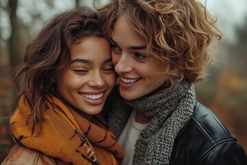 A loving lesbian couple walks in nature, hugging and laughing together, highlighting their joyful and romantic relationship.