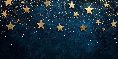 Wall Mural - Dark blue background with sparkling golden stars creating a festive and magical night sky effect.