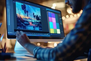 Poster - Man Editing a Digital Photograph of a Sunset Landscape with Palm Trees on a Computer