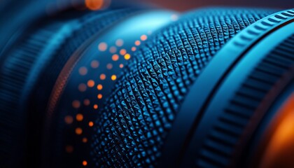 Poster - Closeup of a camera lens with a blue and orange color scheme.