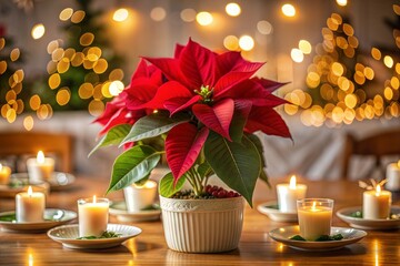 Canvas Print - red poinsettia in white pot with candles and christmas lights on christmas eve