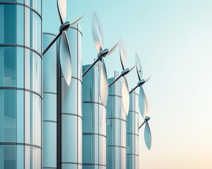 Modern wind turbines on a glass building, against a clear blue sky.